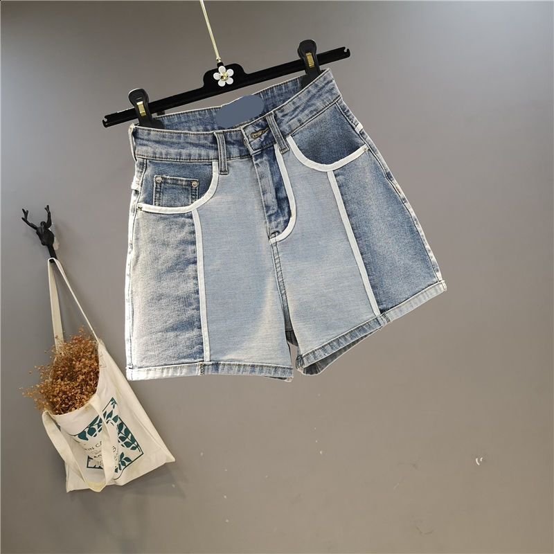 European-style color-blocked elastic high-waisted wide-leg shorts niche color-blocked chic denim hot pants for women200701