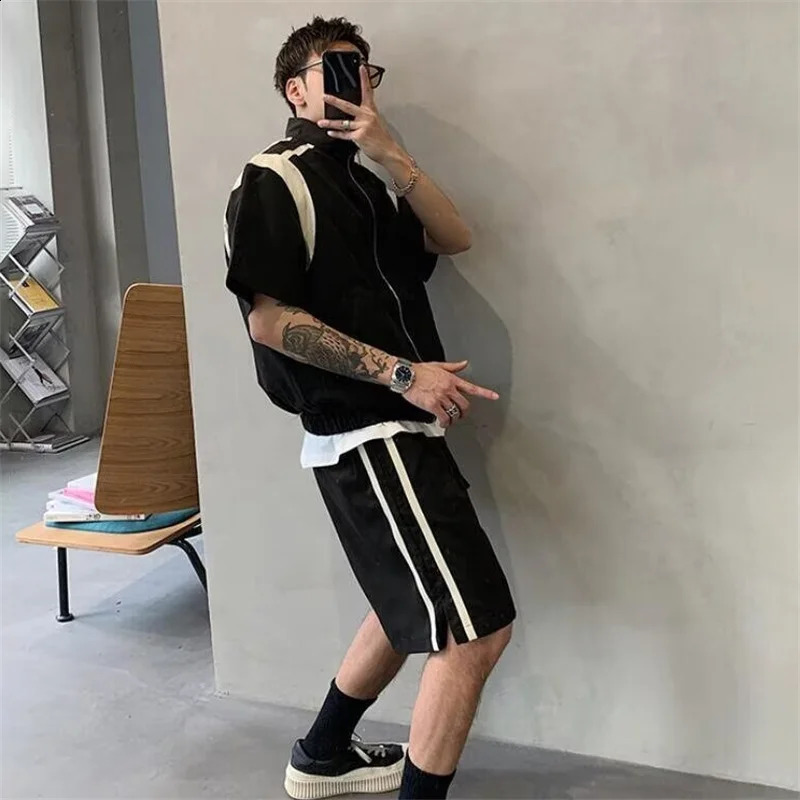 Mens Summer Retro Sports Suit American Style Stand Collar Zipper Short Sleeve Tshirts Casual Loose Y2K Shorts TwoPiece Set 260625 - view 6