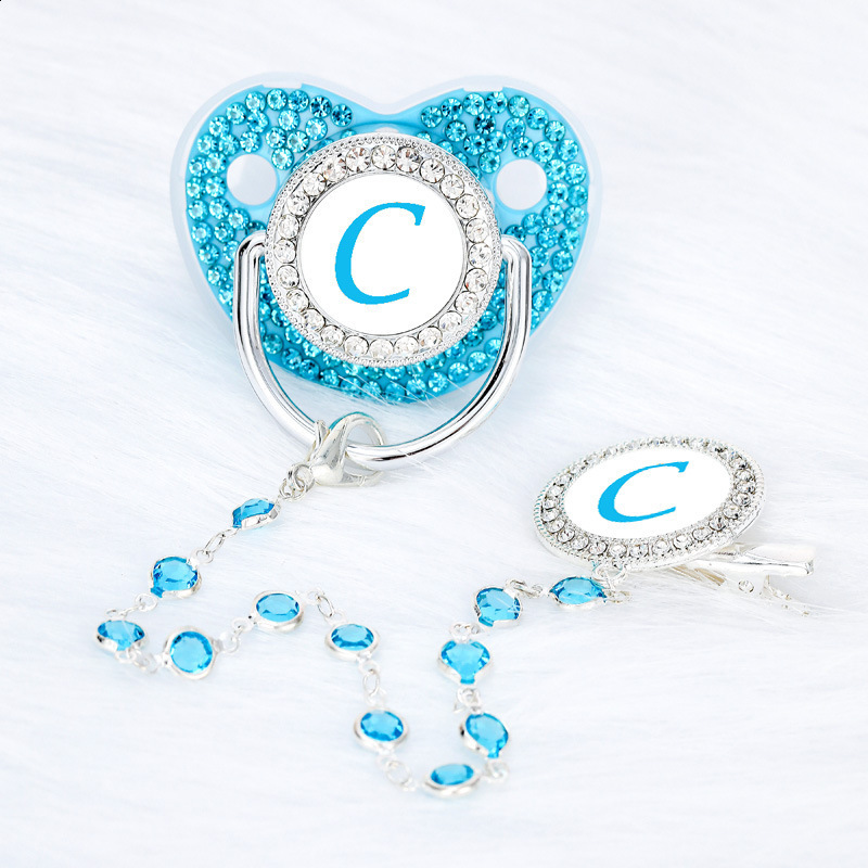 26 Letters Bling Blue Baby Pacifier with Gem Bead Chain Gem Clip /Teether Toy 251107