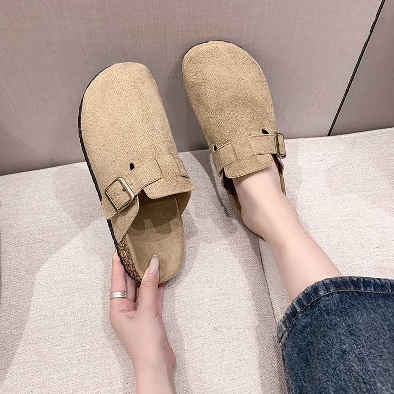 Womens Beige Suede Buckle Strap Mules Flat Summer Comfort Heel Slip On Clog Slippers - view 4