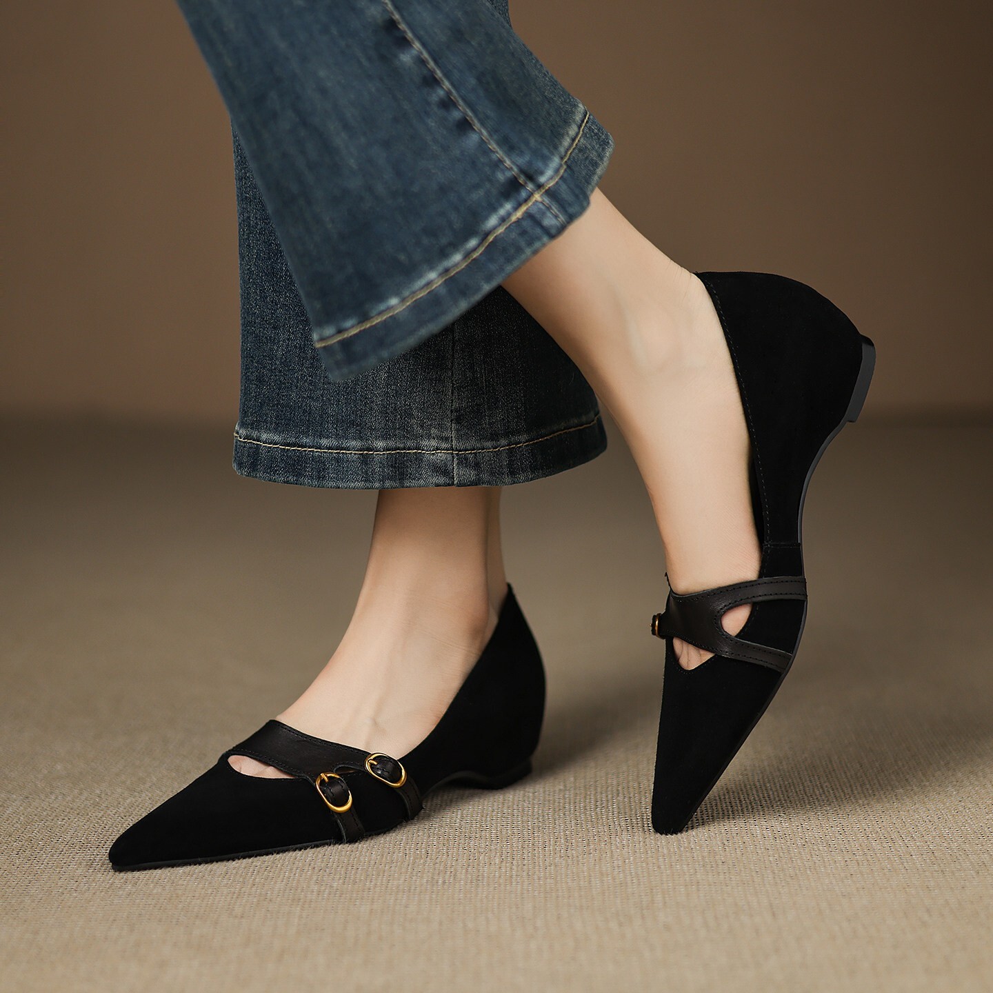 Womens Brown Suede Summer Comfort Pointed Toe Mary Jane Flats Double Buckle Strap Shoes - view 4