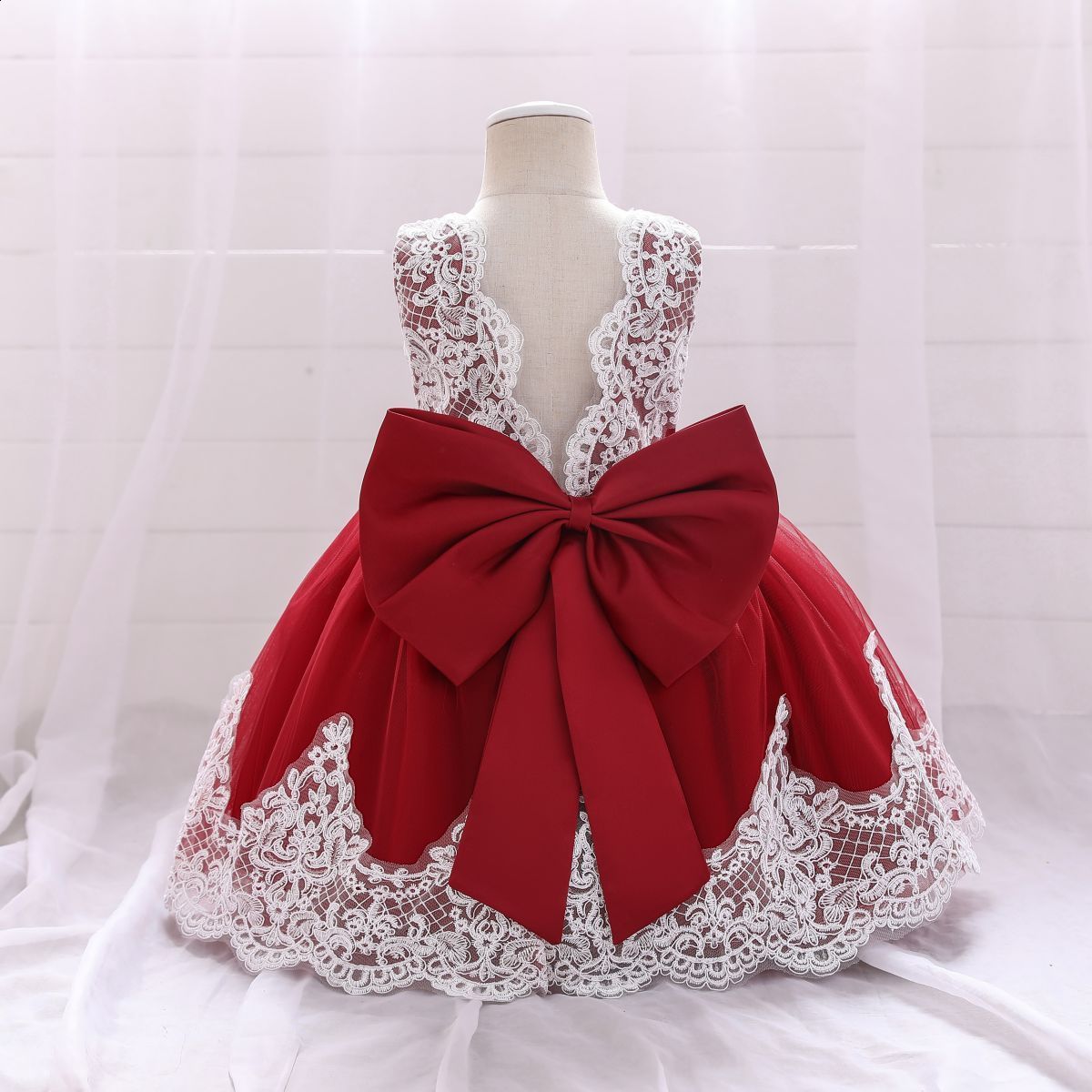New style girls lace trim color-blocked large bow host evening performance dress princess dress wholesale240507