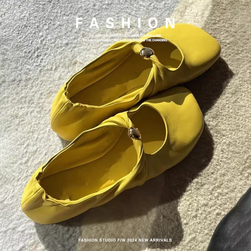 Womens Multi Color Soft Leather Mary Jane Flats Square Toe Summer Comfort Gold Button Shoes - view 3