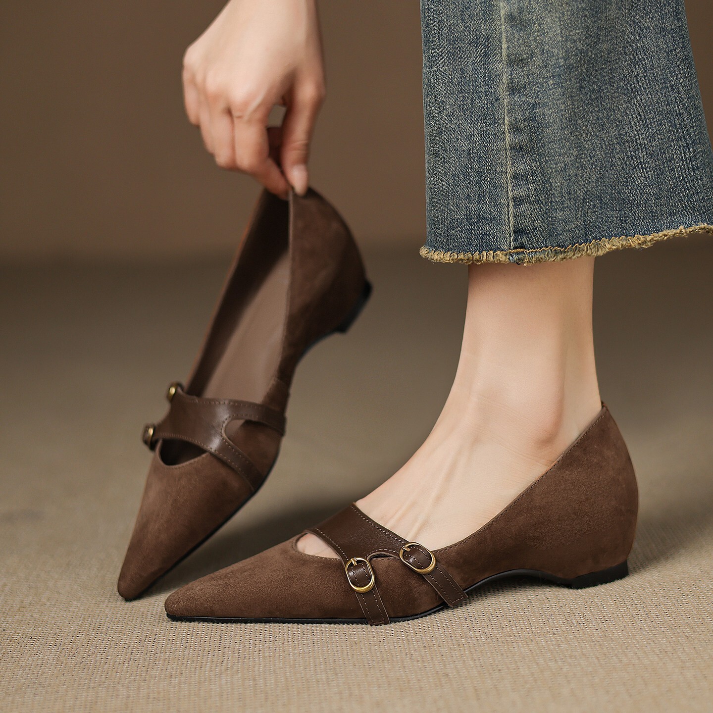 Womens Brown Suede Summer Comfort Pointed Toe Mary Jane Flats Double Buckle Strap Shoes - view 3
