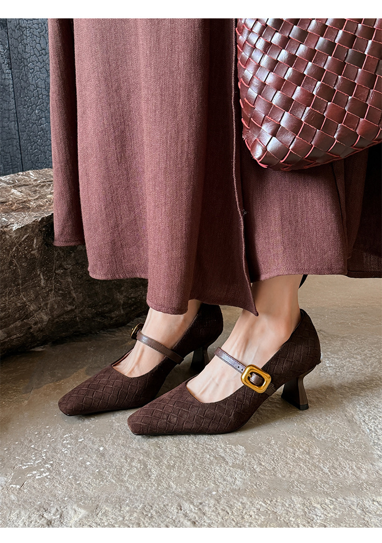 Womens Brown Beige Woven Suede Mary Summer Comfort Jane Flats Square Toe Metal Buckle Shoes - view 3