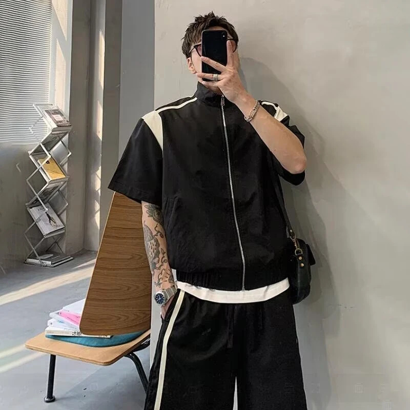 Mens Summer Retro Sports Suit American Style Stand Collar Zipper Short Sleeve Tshirts Casual Loose Y2K Shorts TwoPiece Set 260625 - view 5