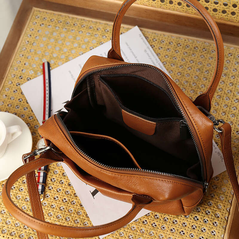 Large Capacity Genuine Leather Boston Small Square Bag, Vintage Simple Style Women Handbag, High End Casual Commuter Shoulder Crossbody Bag SENYY