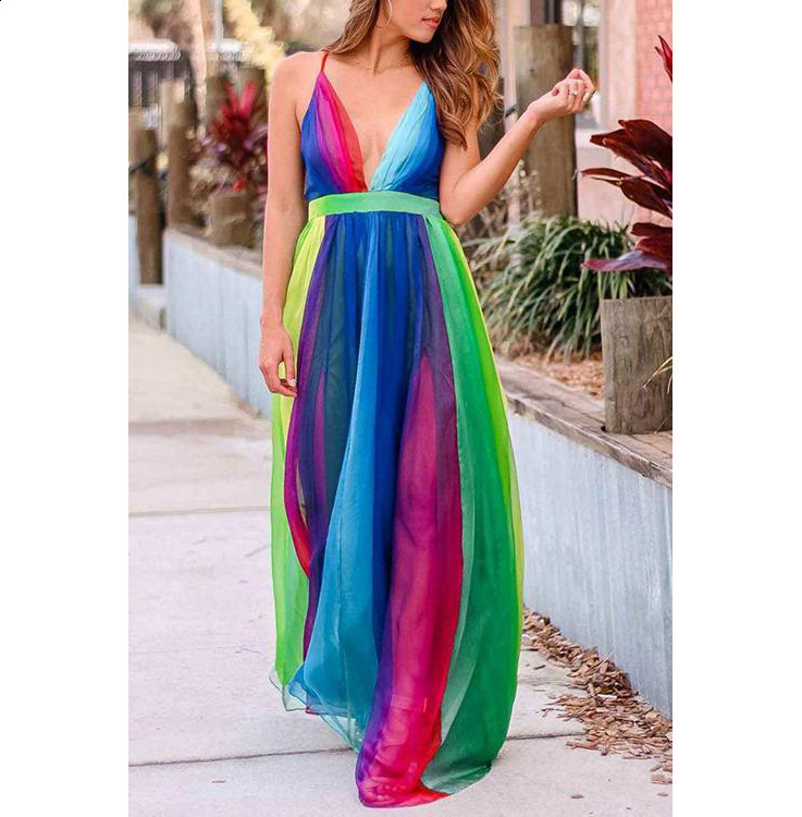 Fashion Women V-Neck Spaghetti Strap Striped Maxi Dress Oversize Sleeveless Vacation Holiday Sexy High Slit MulticolorLong Dress 210716