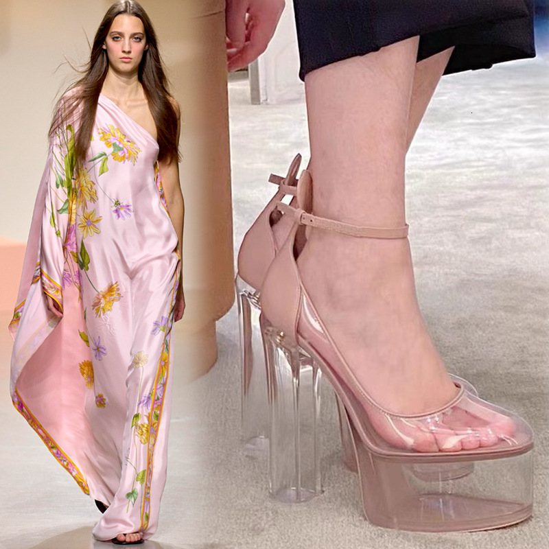 Womens Nude Clear Platform Heels Transparent Chunky Heel Ankle Strap Pumps