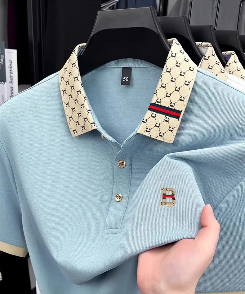 B letter embossed short sleeve polo shirt men summer lightweight breathable fashion color blocked lapel T-shirt 260530 - view 6