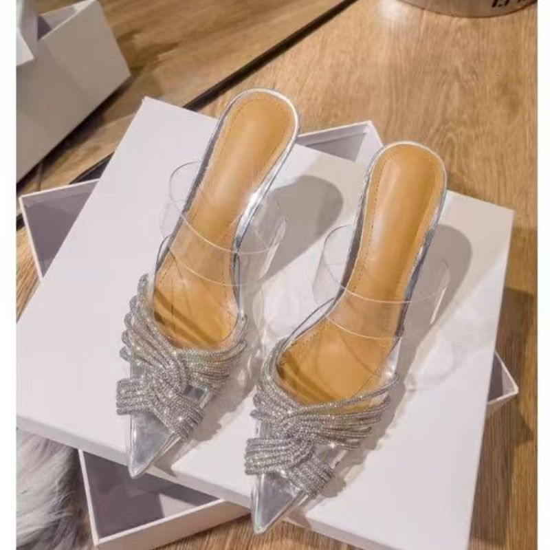 Womens Silver Summer Comfort Rhinestone Slingback Heels Pointed Toe Stiletto Sandals For Party - view 7