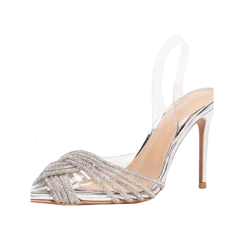 Womens Silver Summer Comfort Rhinestone Slingback Heels Pointed Toe Stiletto Sandals For Party - view 6