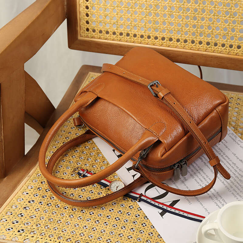 Large Capacity Genuine Leather Boston Small Square Bag, Vintage Simple Style Women Handbag, High End Casual Commuter Shoulder Crossbody Bag SENYY