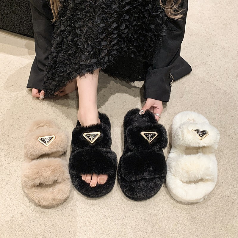 Womens Plush Fuzzy Logo Slide Slippers Multiple Colors Warm Non Slip Indoor Outdoor Slippers Trendy Autumn Winter House Slides For Daily Wear And Loun