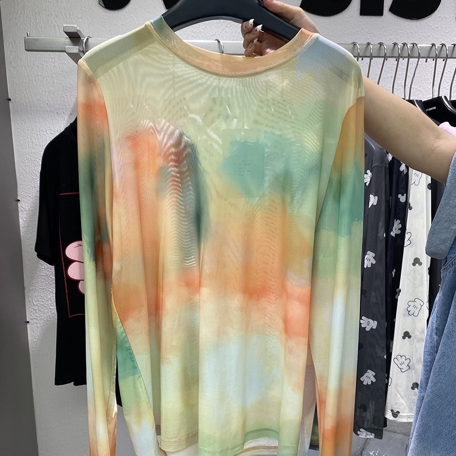 Korean-style Tie-dye Mesh Long-sleeve T-shirt For Women Summer Model Round Neck Loose Fit Slimming Stylish Pullover Casual Top 240814