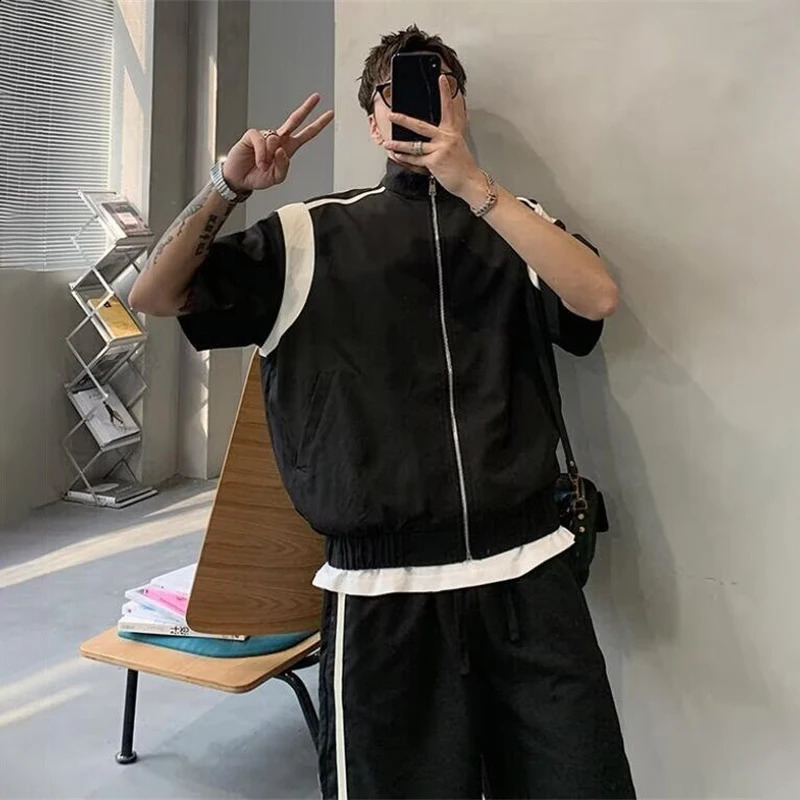 Mens Summer Retro Sports Suit American Style Stand Collar Zipper Short Sleeve Tshirts Casual Loose Y2K Shorts TwoPiece Set 260625 - view 7