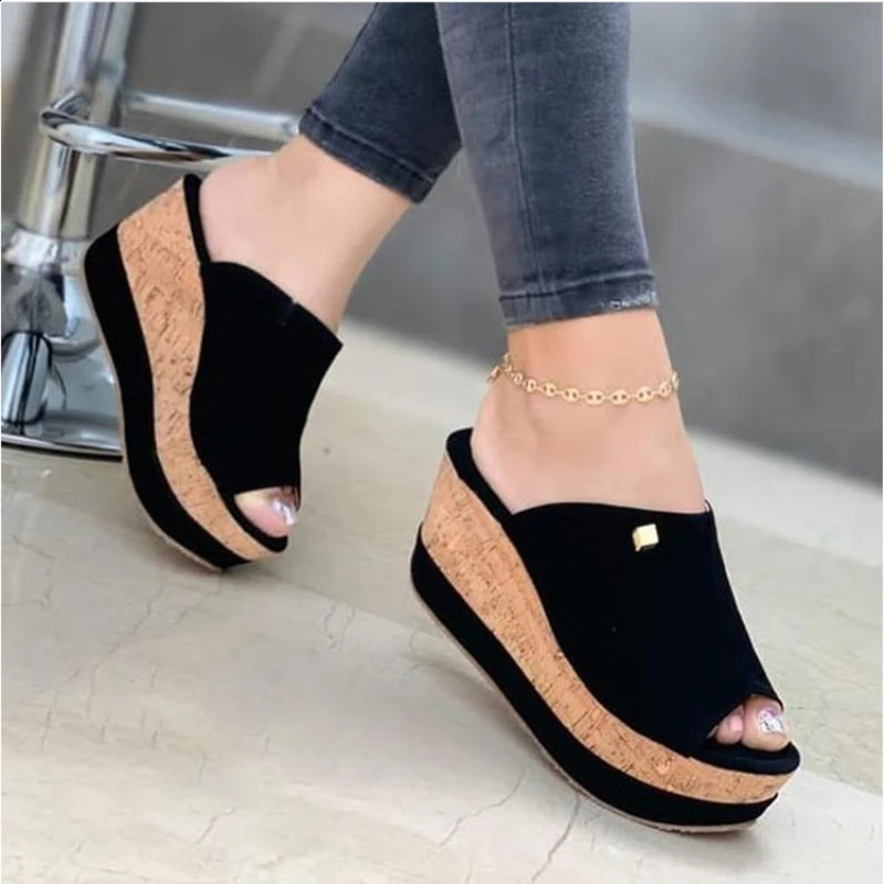 Slippers Summer Wedges Retro Fish Mouth Large Size Sandals Women High Heel Platform Solid Color Plus Size Shoes Sandalias Slides 260625 - view 6