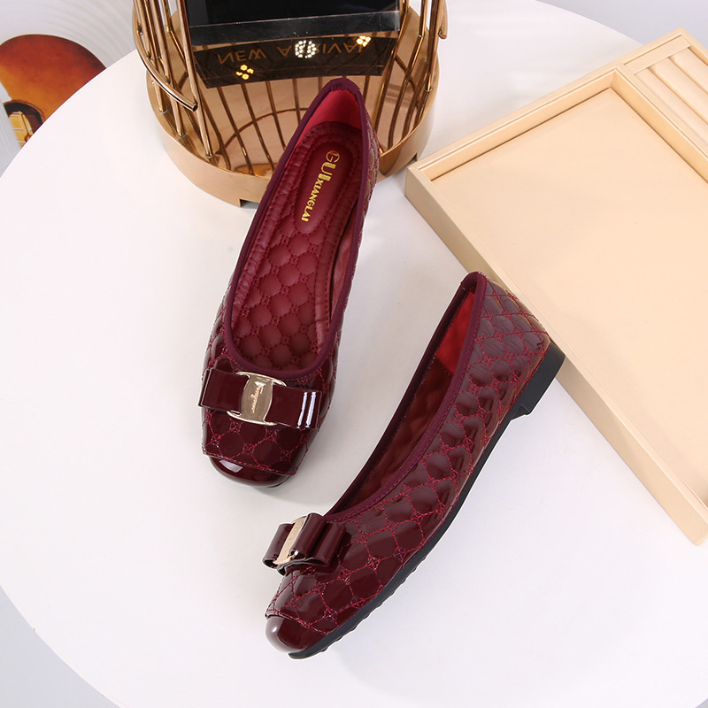 Womens Black Beige Burgundy Quilted Non Slip Patent Leather Bow Flats Square Toe Dress Shoes