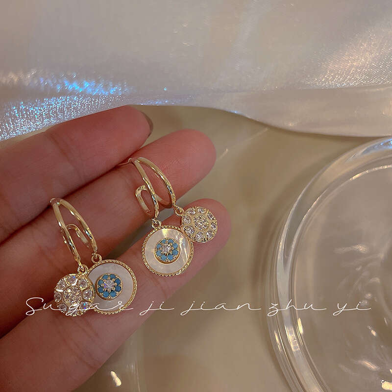 Luxury Evil Eye Charm Hoop Earrings With Blue And White Stones Gold Tone For Bridal And Evening Events