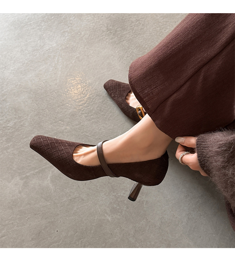Womens Brown Beige Woven Suede Mary Summer Comfort Jane Flats Square Toe Metal Buckle Shoes - view 5