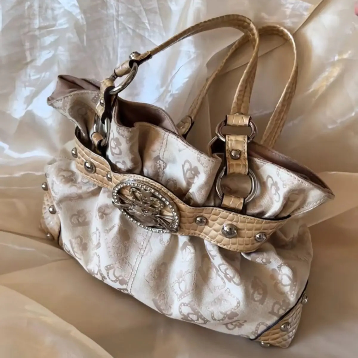 Retro Y2k Rivet Underarm Bag Women Belt Buckle Shoulder Handbag Large Capacity Casual Tote Canvas Storage Bag 260529