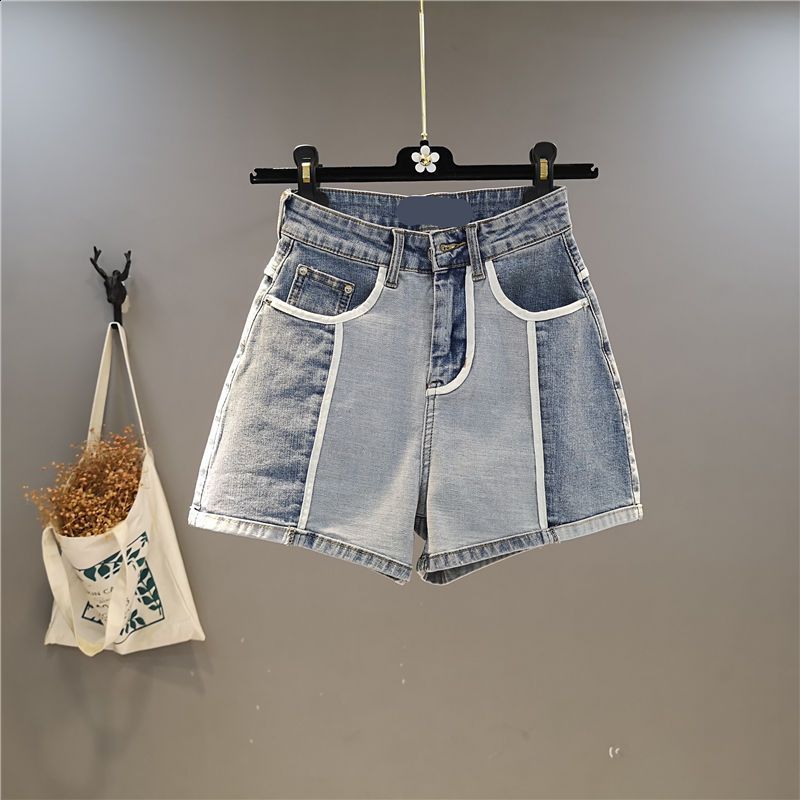 European-style color-blocked elastic high-waisted wide-leg shorts niche color-blocked chic denim hot pants for women200701