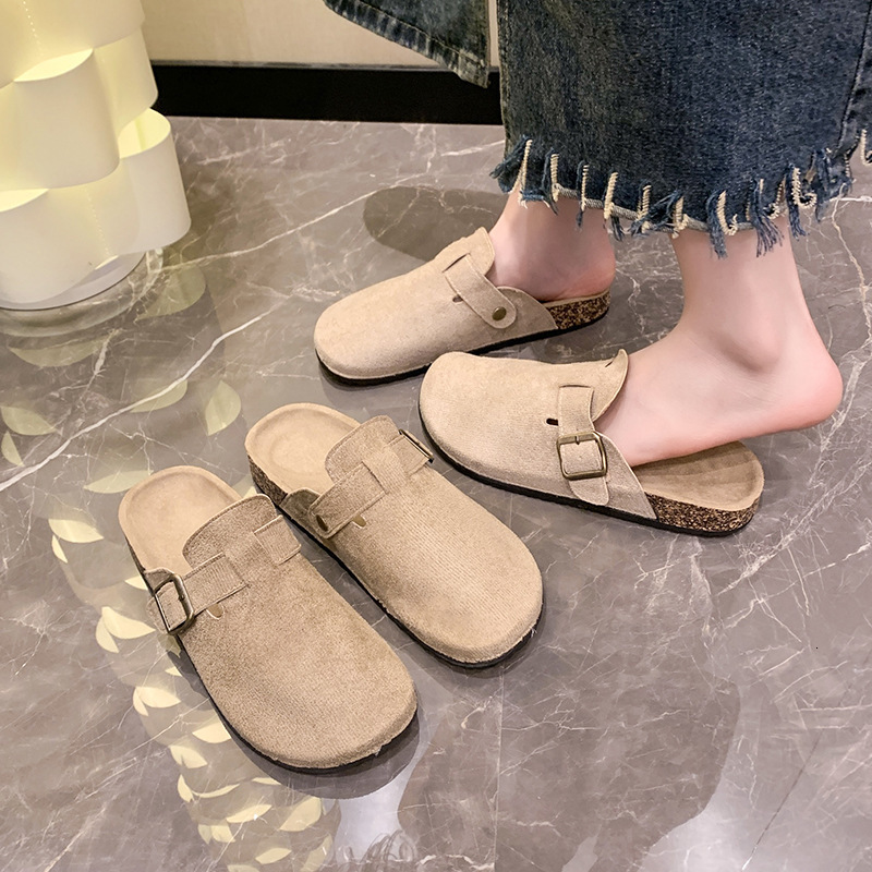 Womens Beige Suede Buckle Strap Mules Flat Summer Comfort Heel Slip On Clog Slippers - view 5