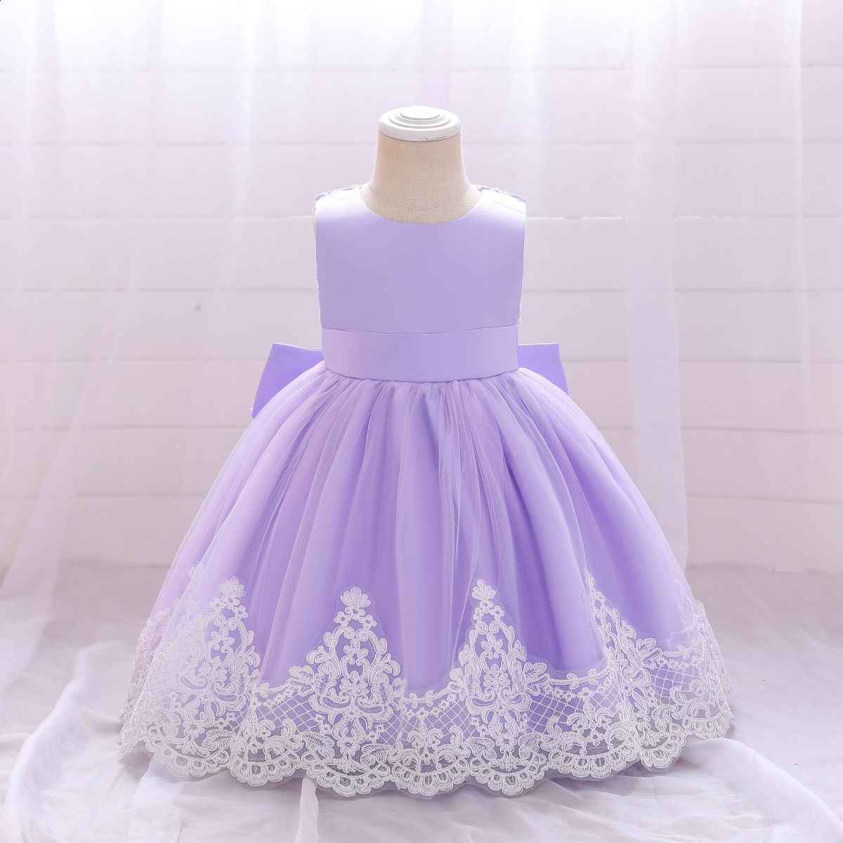 New style girls lace trim color-blocked large bow host evening performance dress princess dress wholesale240507