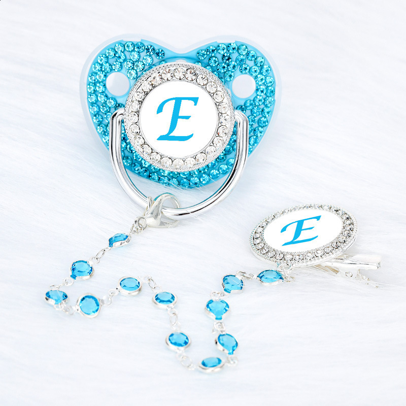 26 Letters Bling Blue Baby Pacifier with Gem Bead Chain Gem Clip /Teether Toy 251107
