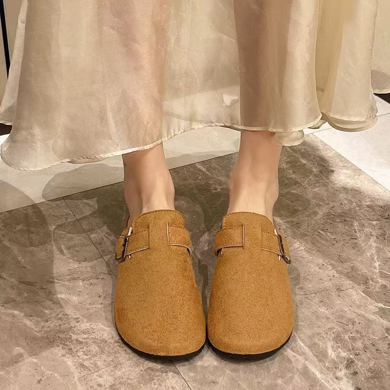 Womens Beige Suede Buckle Strap Mules Flat Summer Comfort Heel Slip On Clog Slippers