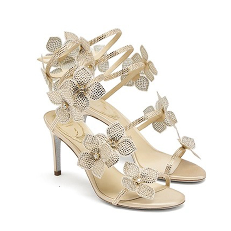 Womens Champagne Crystal Flower Ankle Strap Heels Summer Comfort Stiletto Wedding Sandals - view 6