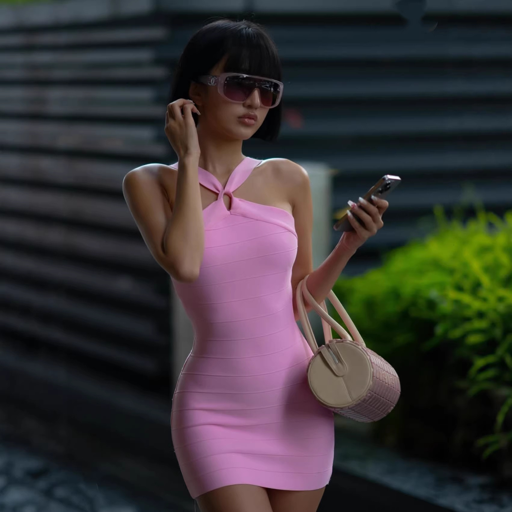 Women's Light Blue Halter Neck Bodycon Mini Dress Sleeveless Backless Dress New fashion solid color stretchy slim-fit slip dress for women