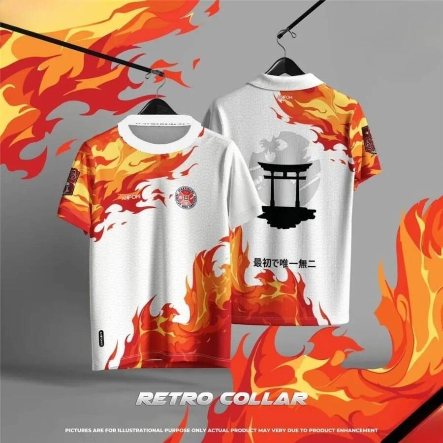Japanese Style Sweatshirt, Retro Neckline Design, Flame Pattern, Men's T-Shirt, High Quality, Outdoor Sports, Jersey, Short Sleeve, Can Be Worn b