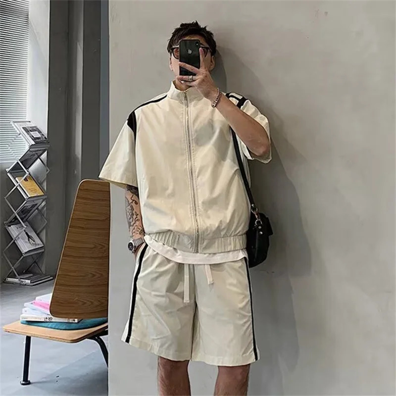 Mens Summer Retro Sports Suit American Style Stand Collar Zipper Short Sleeve Tshirts Casual Loose Y2K Shorts TwoPiece Set 260625 - view 4