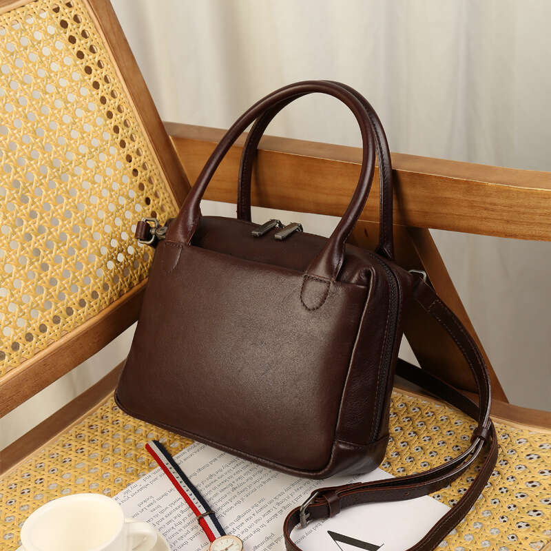 Large Capacity Genuine Leather Boston Small Square Bag, Vintage Simple Style Women Handbag, High End Casual Commuter Shoulder Crossbody Bag SENYY
