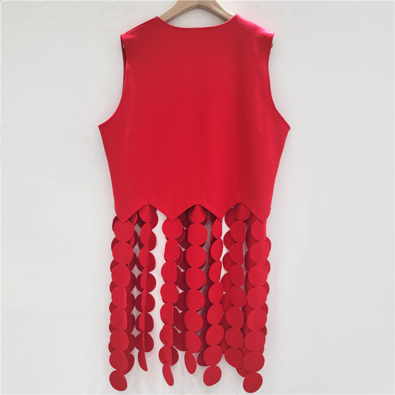 2025 Autumn New Fashion V-neck Sleeveless Round Patchwork Design Tassel Solid Color Top Vest240904