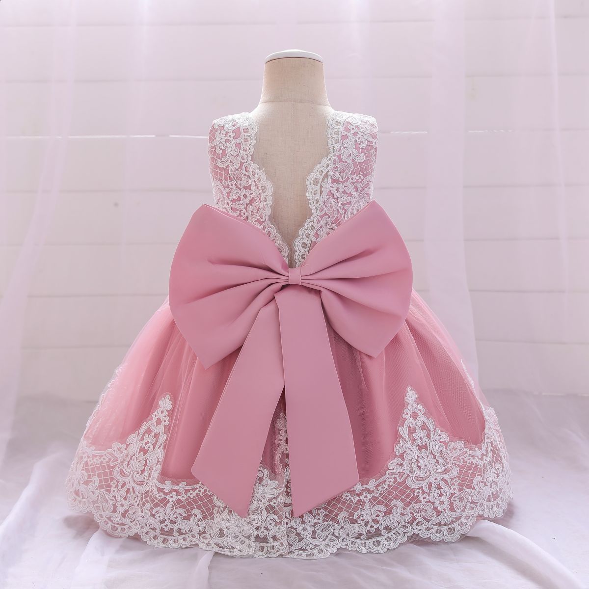 New style girls lace trim color-blocked large bow host evening performance dress princess dress wholesale240507
