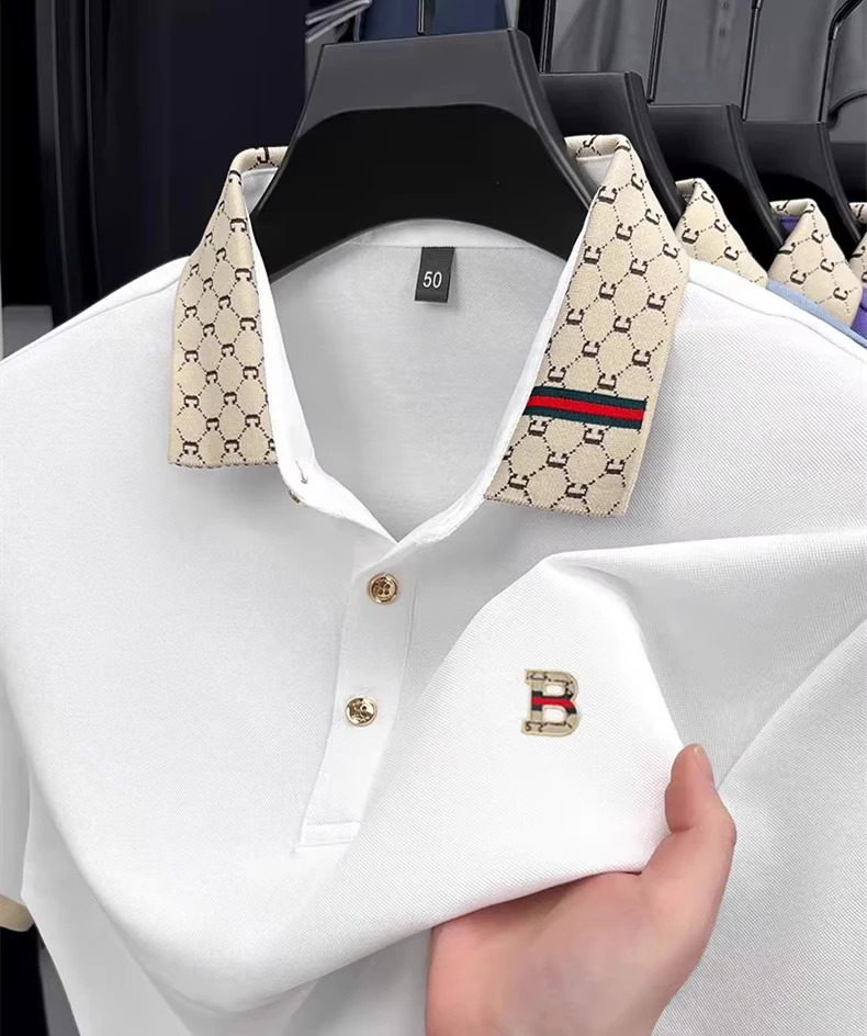 B letter embossed short sleeve polo shirt men summer lightweight breathable fashion color blocked lapel T-shirt 260530 - view 4
