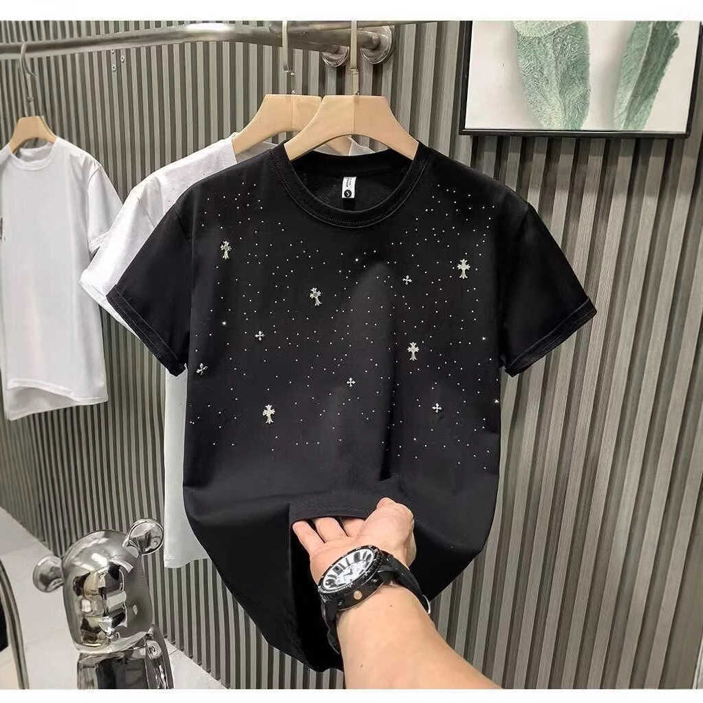 European-style cross rhinestone mens T-shirt short-sleeved fashionable trendy brand light luxury youth half-sleeve tee88