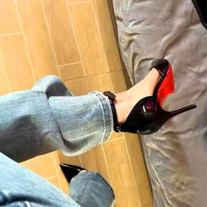 Womens Black Patent Leather Pointed Toe Ankle Strap Stiletto Heels Red Bottom High Heel Pumps For Party Formal Wear - view 3
