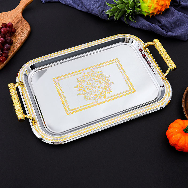 Stainless Steel Serving Tray with Handles Elegant Rectangular Coffee Bar Holder Dessert Display Plate Home Decor 240902