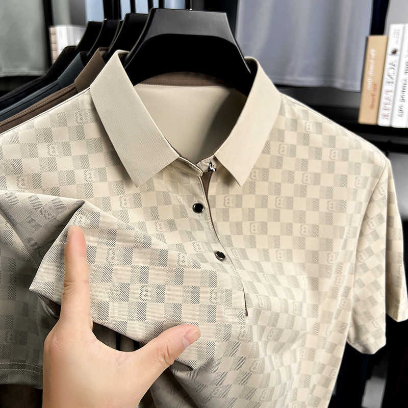 Designer Clothes Ice Silk Cool Summer Business Casual Printed Short Sleeve T-Shirt For Middle-Aged Young Men Turn-Down Collar Simple Luxury Brand And 