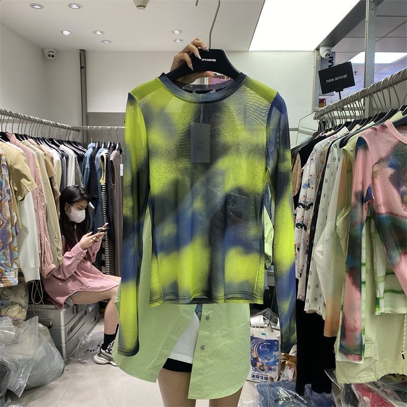 Korean-style Tie-dye Mesh Long-sleeve T-shirt For Women Summer Model Round Neck Loose Fit Slimming Stylish Pullover Casual Top 240814