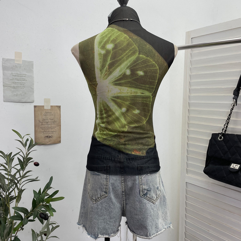 Yedinas Sheer Mesh Tank Tops Patchwork Sleeveless Tshirts Korean Fashion Summer Tops Gothic Tank 90s Chic Streetwear 250226