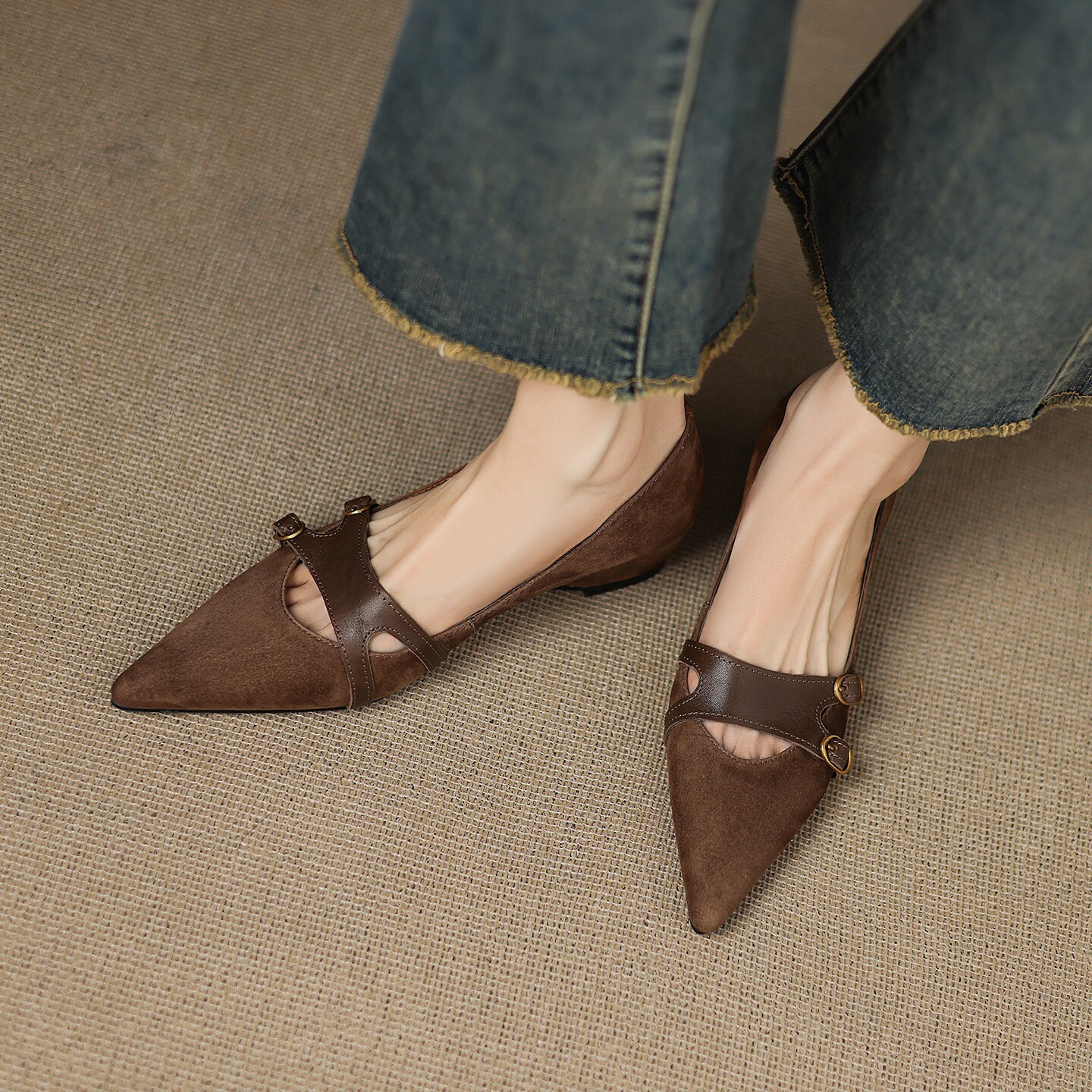 Womens Brown Suede Summer Comfort Pointed Toe Mary Jane Flats Double Buckle Strap Shoes - view 5
