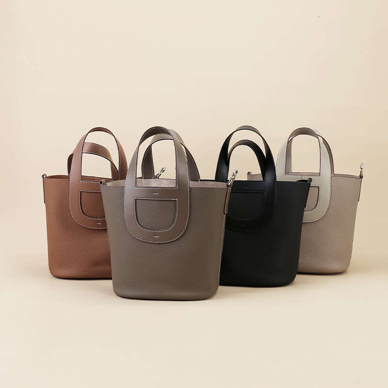 New Top Grade Cowhide Pig Nose Bucket Bag, Genuine Leather Togo Basket Handbag, Multifunctional Shoulder Crossbody Bag for Women Daily Wear SENYY