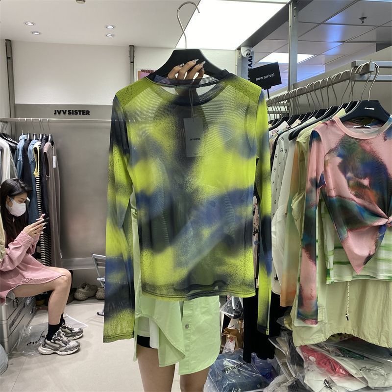 Korean-style Tie-dye Mesh Long-sleeve T-shirt For Women Summer Model Round Neck Loose Fit Slimming Stylish Pullover Casual Top 240814