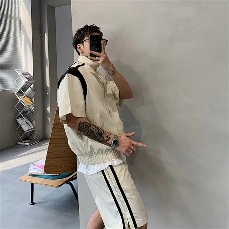 Mens Summer Retro Sports Suit American Style Stand Collar Zipper Short Sleeve Tshirts Casual Loose Y2K Shorts TwoPiece Set 260625 - view 3