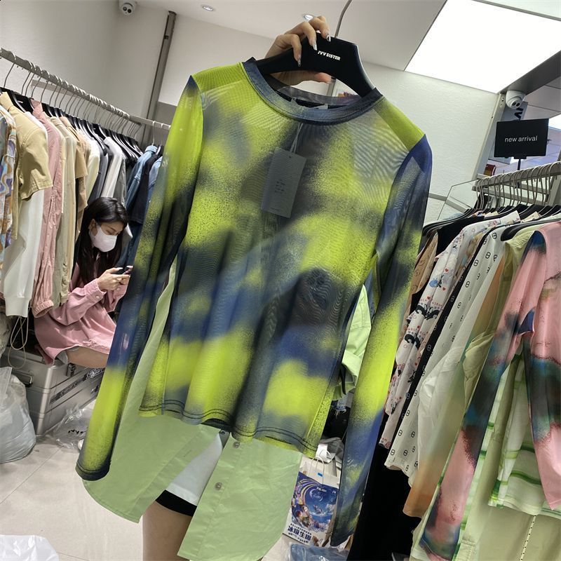 Korean-style Tie-dye Mesh Long-sleeve T-shirt For Women Summer Model Round Neck Loose Fit Slimming Stylish Pullover Casual Top 240814