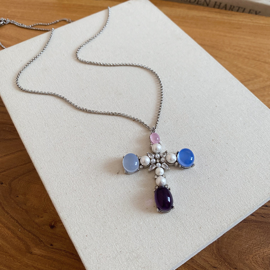 European American cross-border zircon cross pearl necklace, simple and stylish ins-style collarbone chain, high-end sweater chain for women - view 8